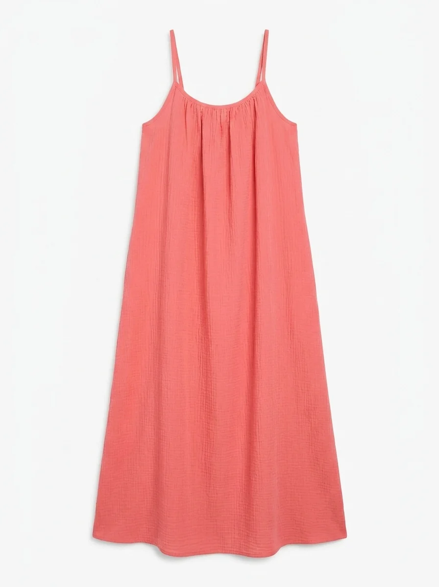 Coral maxi dress spread flat on a white background