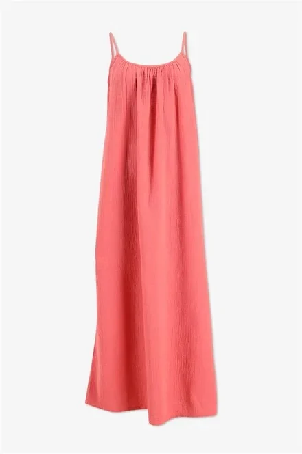 Original coral maxi dress with thin straps and a gathered neckline