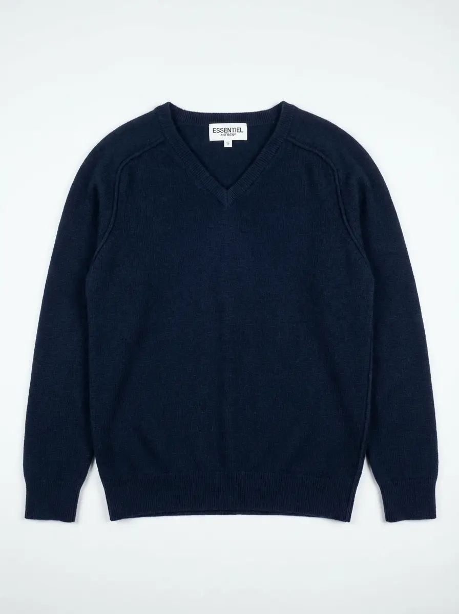 Navy v-neck sweater flatlay