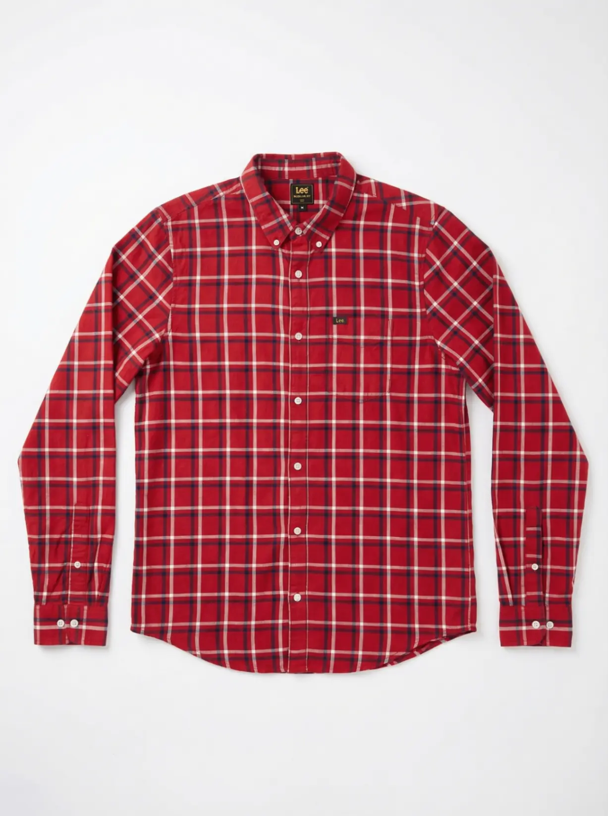 Red plaid button-down shirt flatlay