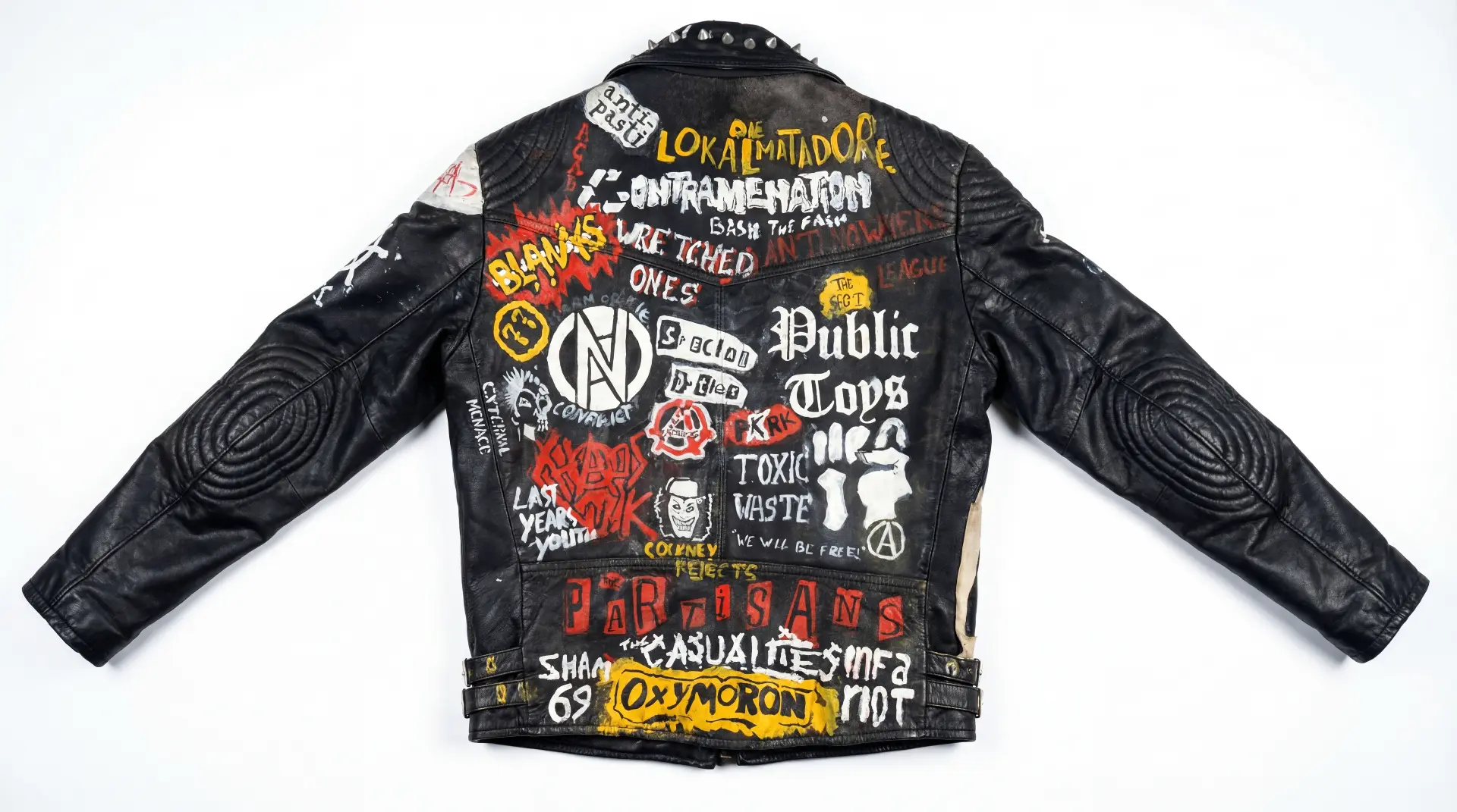 Punk leather jacket flatlay for resale catalog