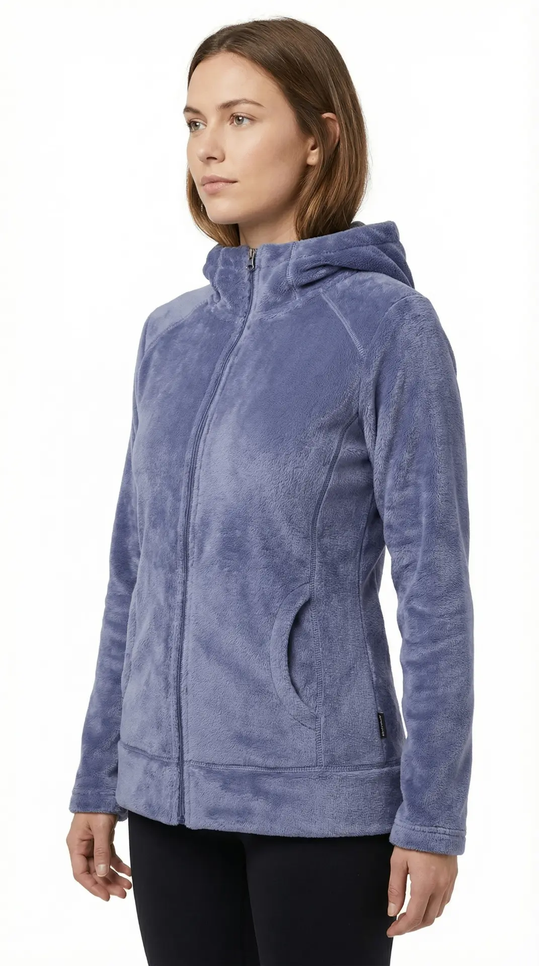 Blue fleece zip hoodie on female model