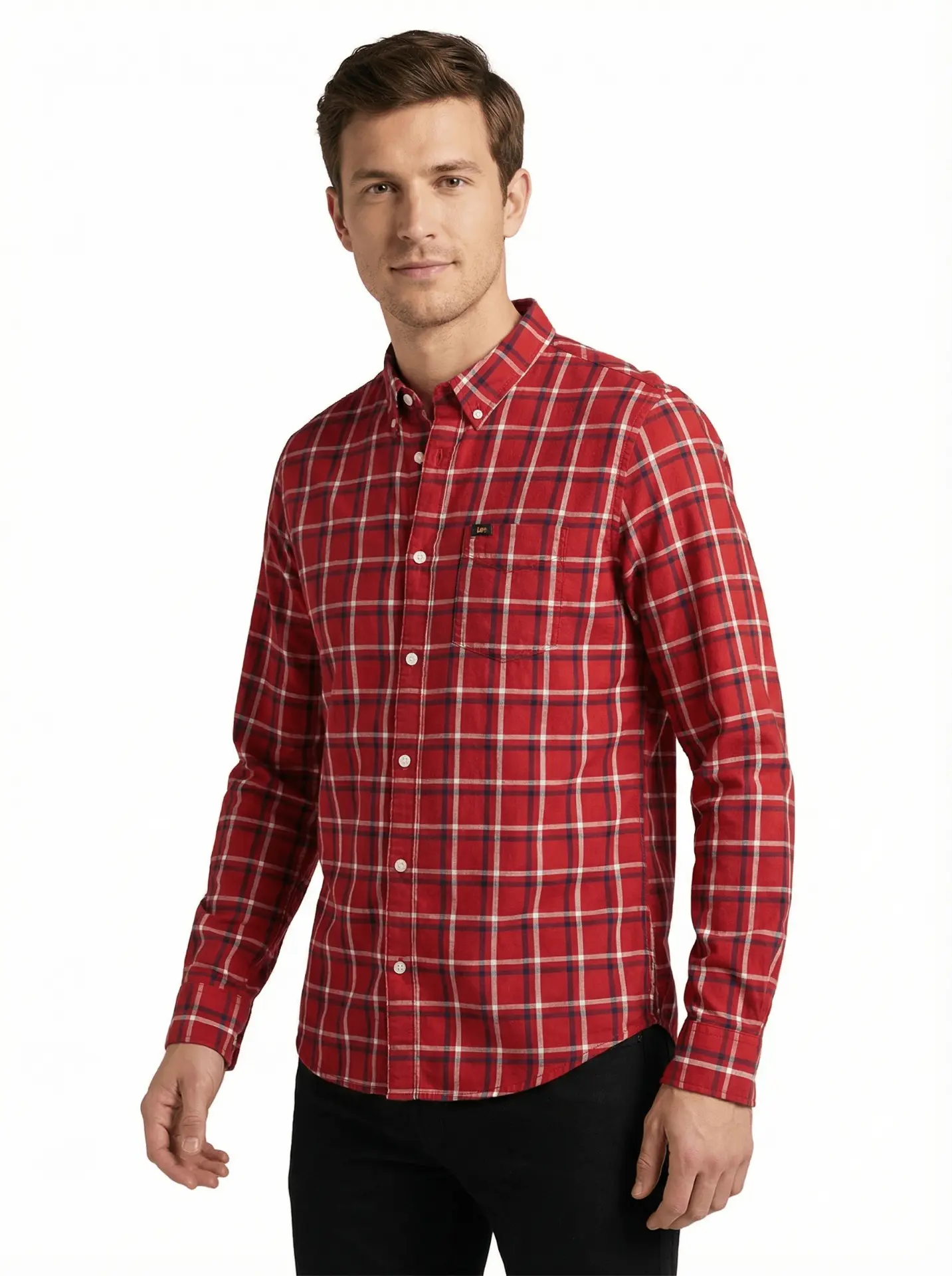 Red plaid button-down shirt on male model