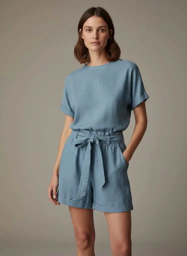 Editorial light blue two-piece outfit on female model