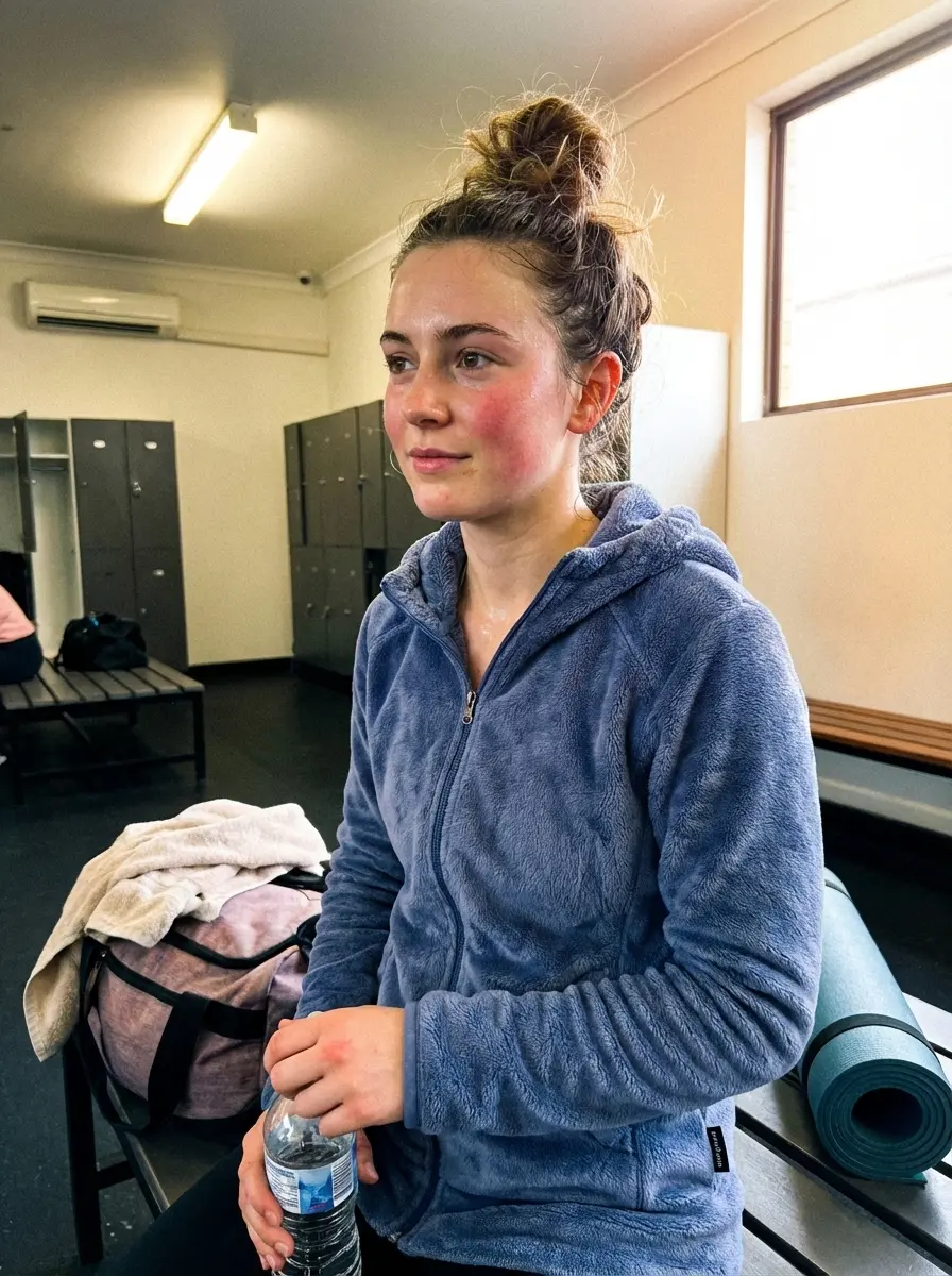 Blue fleece — post-workout locker room