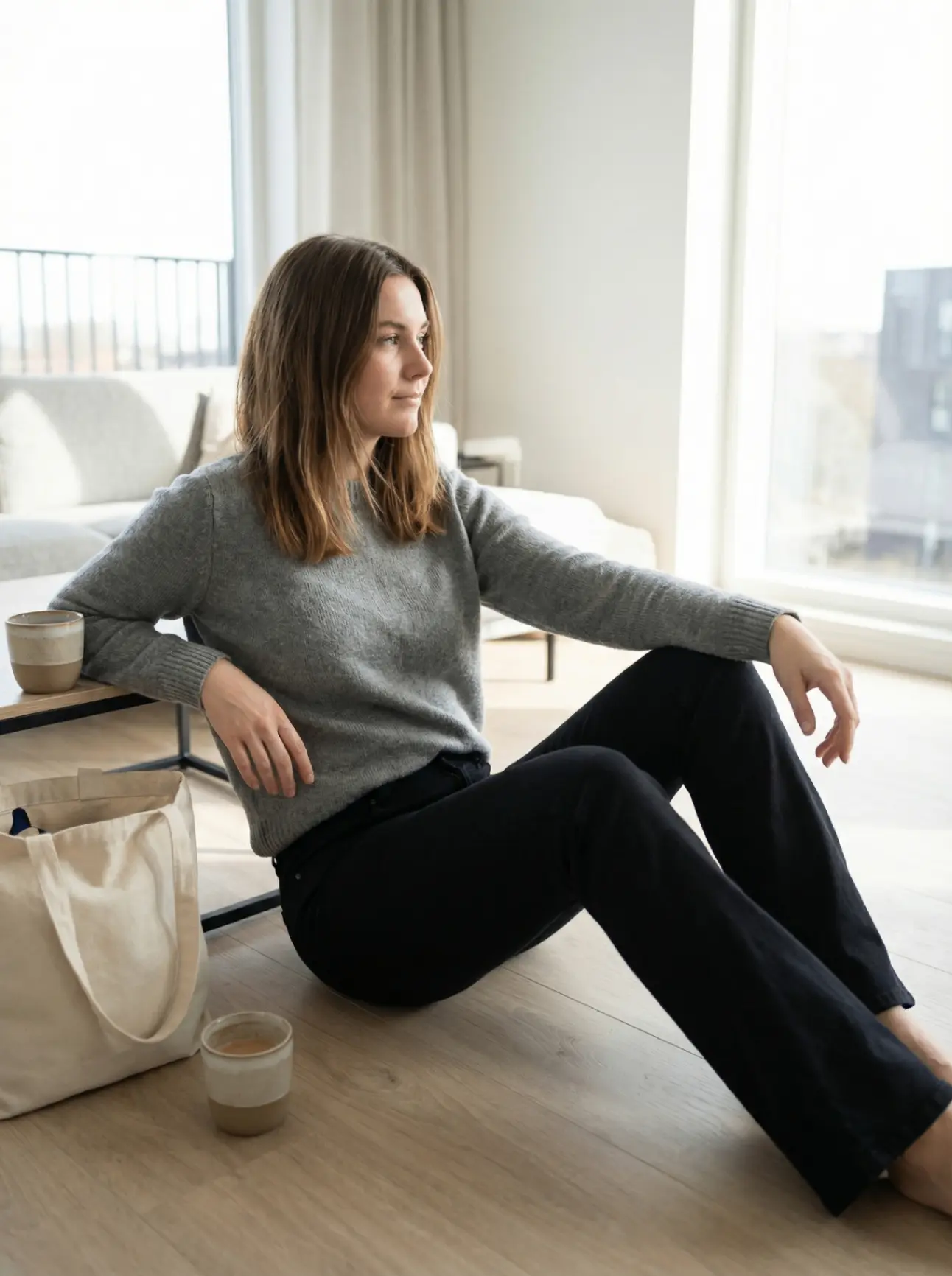 Grey sweater — cozy living room UGC