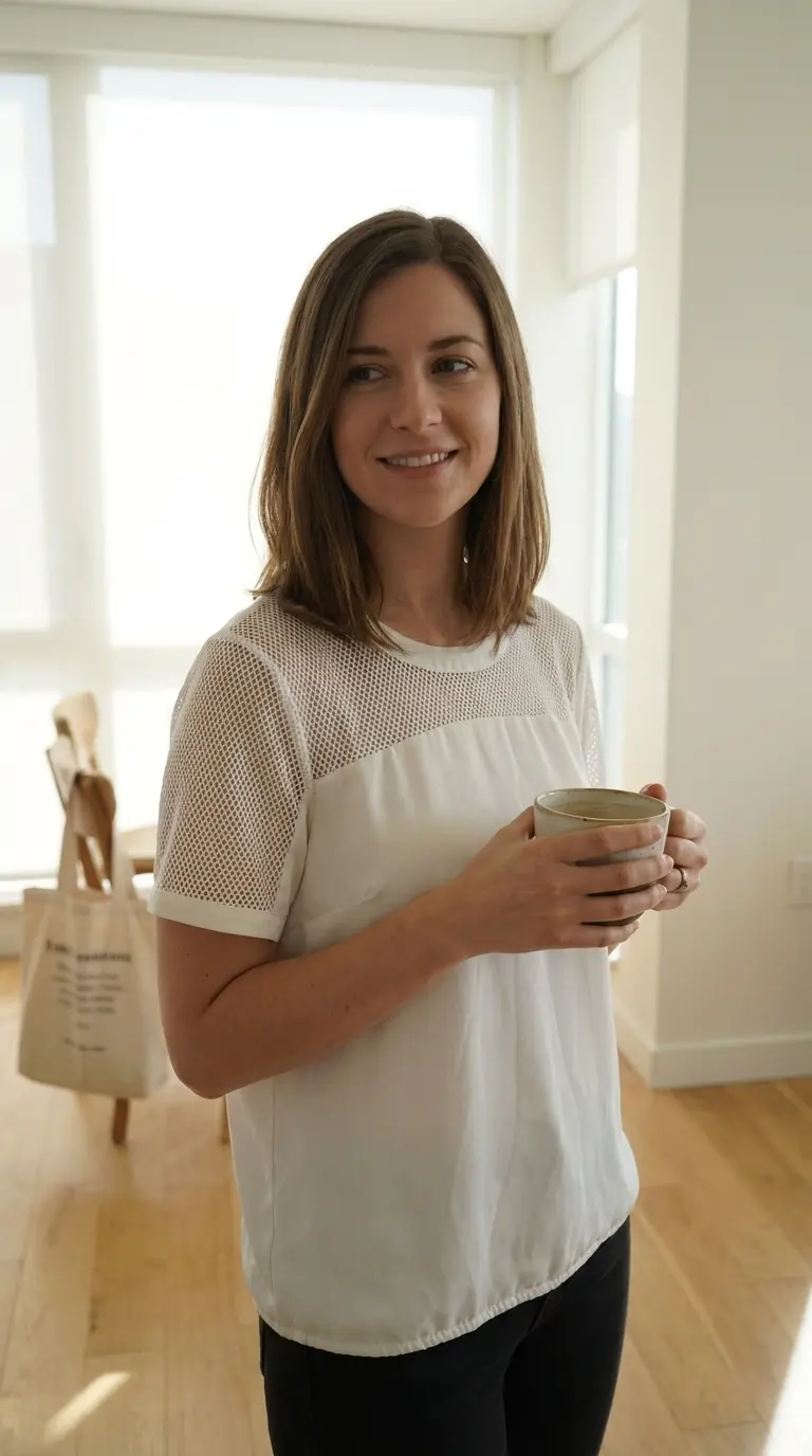 White mesh top — casual coffee moment
